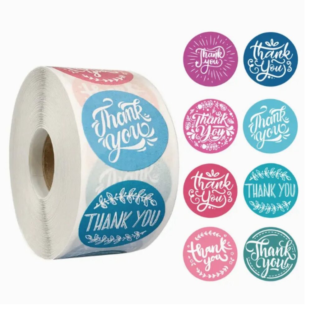 NEW 5 ROLLS OF THANK YOU MULTI COLORED FLORAL PACKAGE STICKERS (2500 TOTAL) 1"